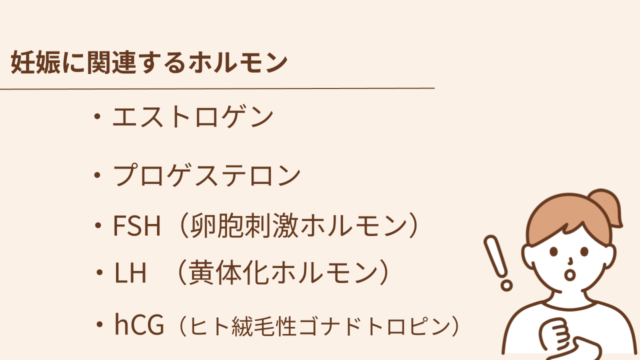 妊娠に関連するホルモンはエストロゲン・プロゲステロン・FSH・LH・hCGの5つです。