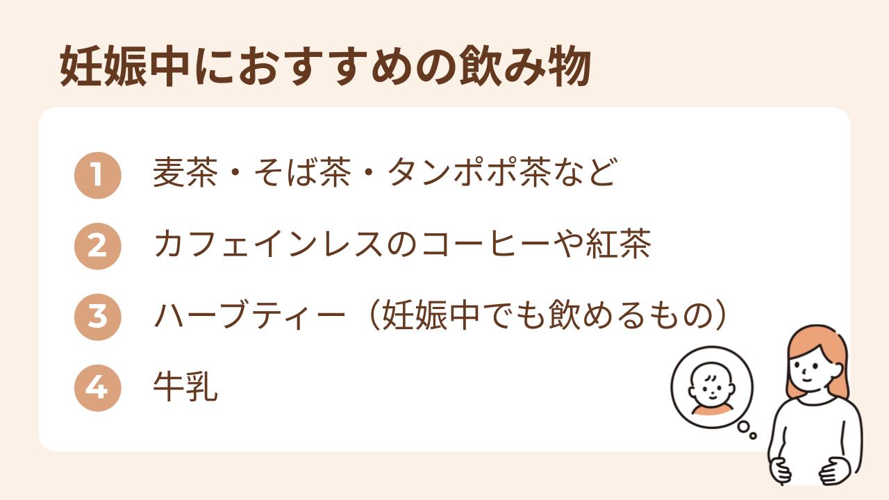 ①麦茶・そば茶・タンポポ茶など②カフェインレスのコーヒーや紅茶③ハーブティー（妊娠中でも飲めるもの）④牛乳