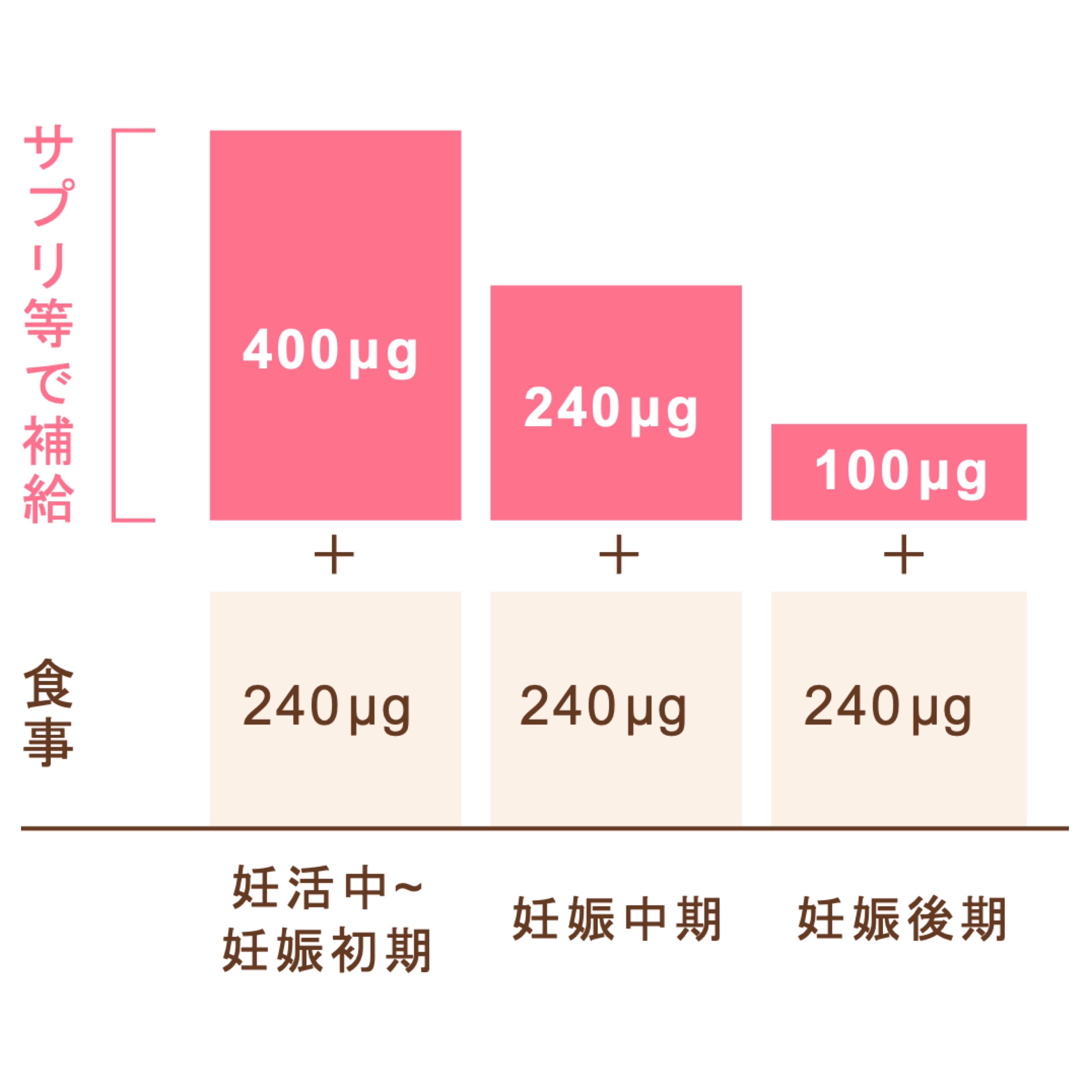 胎児の神経管閉鎖障を予防することから、 葉酸は妊娠前後に摂取することが望ましい とされています。  厚生労働省も妊娠前・妊娠中の女性に、 普段の食事に加えサプリメントで400μg/日の葉酸 を摂取することを推奨しています。