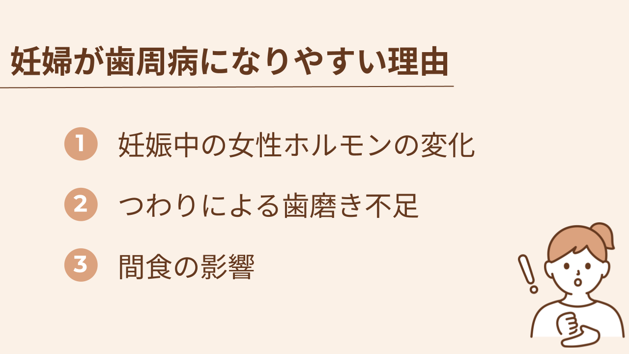 妊婦が歯周病になりやすい理由は、妊娠中の女性ホルモンの変化、つわりによる歯磨き不足、間食の影響の3つです。