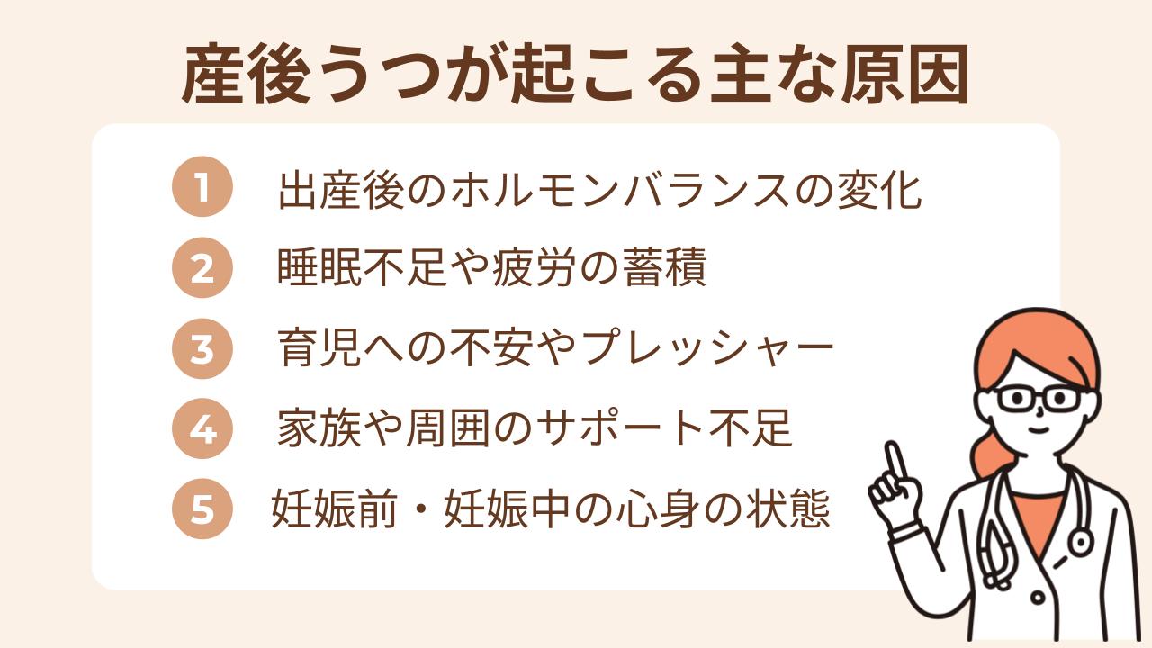 産後うつは、ひとつの理由だけで起こるものではありません。「どうしてこうなってしまったんだろう」と感じる方もいるかもしれませんが、背景にはいくつもの要因があります。
