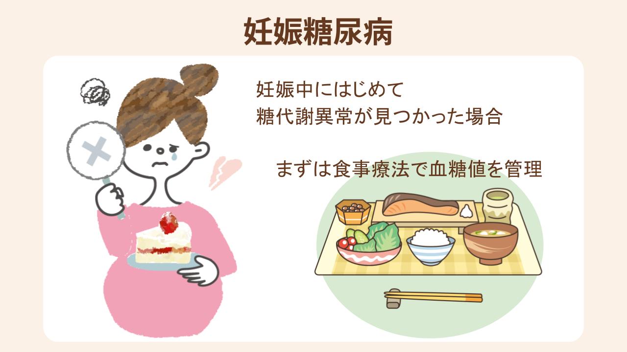 妊娠糖尿病は、妊娠中にはじめて糖代謝異常が見つかった場合を指す