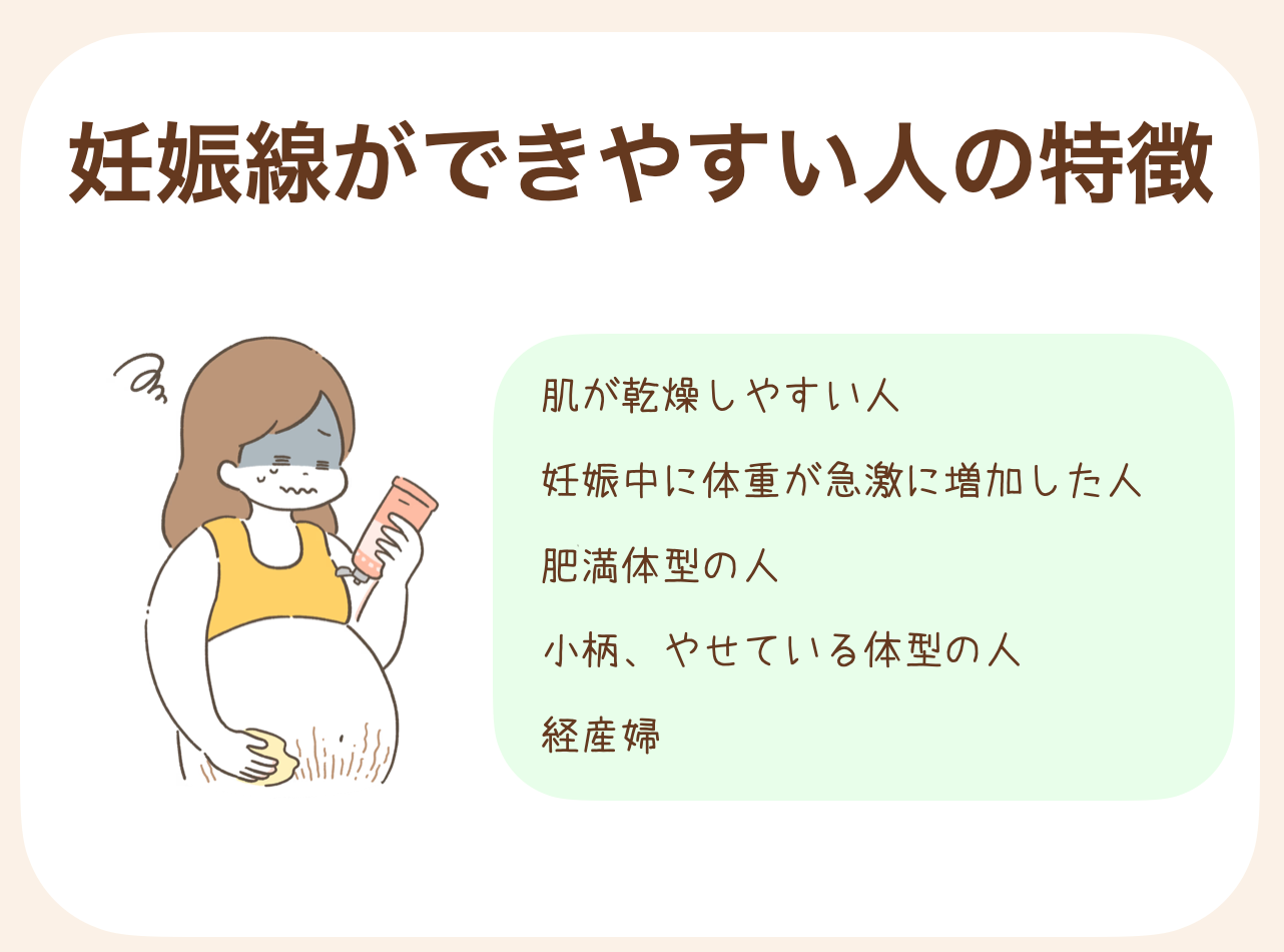 お肌が乾燥しやすい人・妊娠中に体重が急激に増加した人・ 肥満体型の人 小柄、やせている体型の人・経産婦