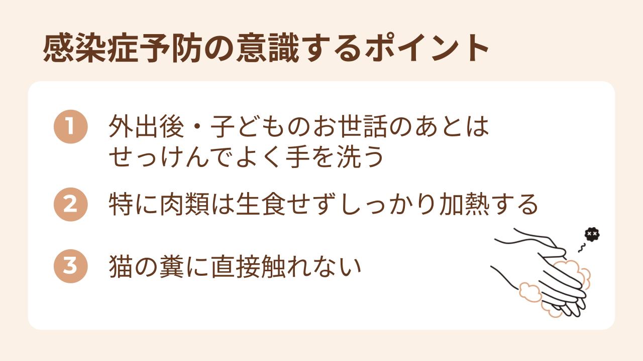 妊娠すると感染しやすくなるので、外出後や子どものお世話のあとはせっけんで手を洗う特に肉類は生食せずしっかり加熱する・猫の糞に直接触れないといった注意をする必要がある