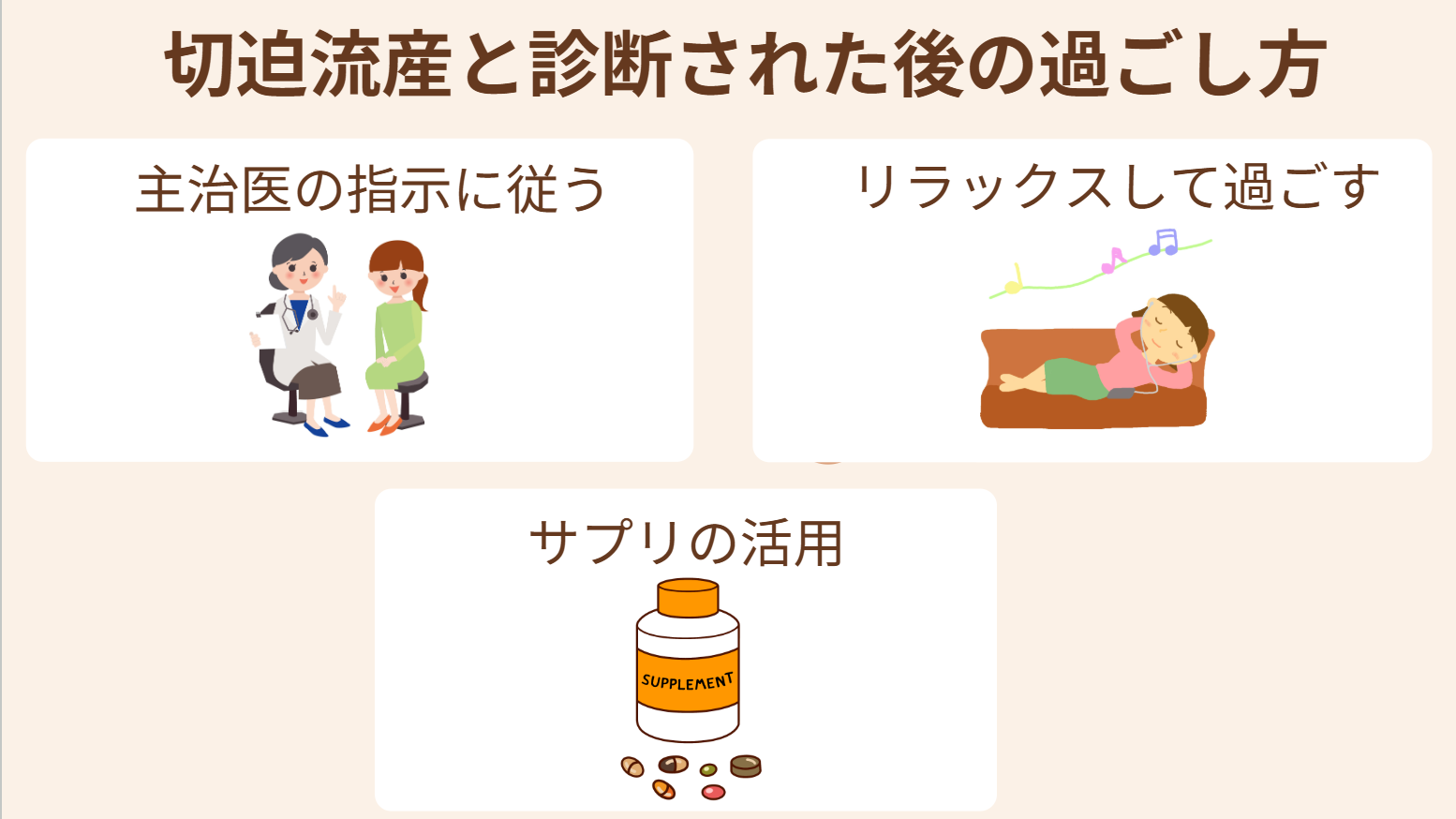 主治医の指示に従う、リラックスして過ごす、サプリの活用など