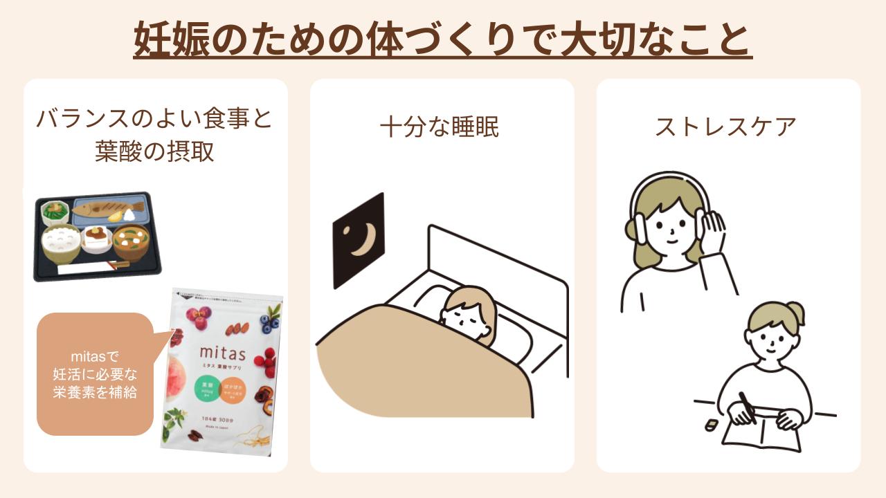 バランスの良い食事と葉酸の摂取、十分な睡眠、ストレスケア