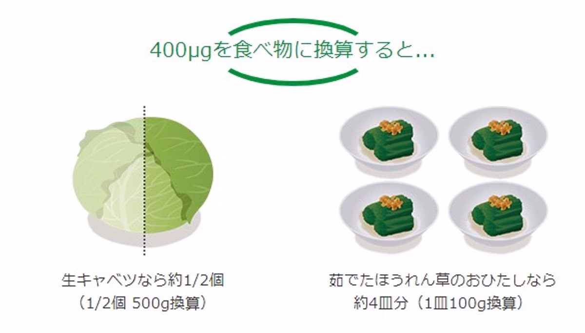 毎日の食事で400μgの葉酸を確保するのは難しい