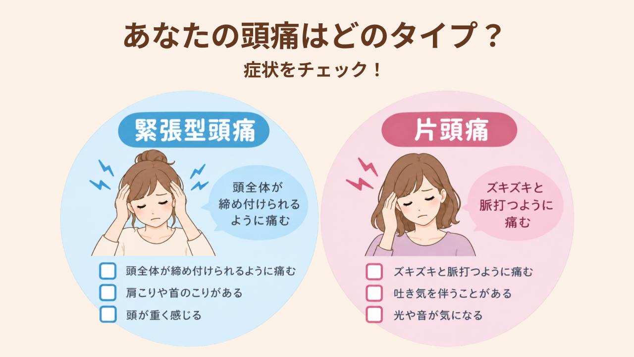 産後に起こりやすい「緊張型頭痛」と「片頭痛」の特徴を紹介します。痛み方や症状を確認しながら、自分の頭痛に当てはまるものがないかチェックしてみましょう。